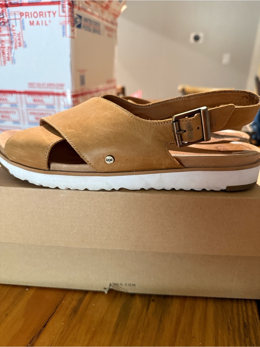 UGG Women's Tan Leather Crossband Slingback Sandals
